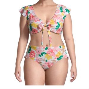 Time and Tru Plus Size Cap Sleeve Tie-Front Swimsuit Bikini Top & Bottom 16/18